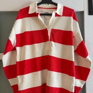 Aerie Oversized Striped Rugby Shirt Red White Collared Polo Long Sleeve Size S